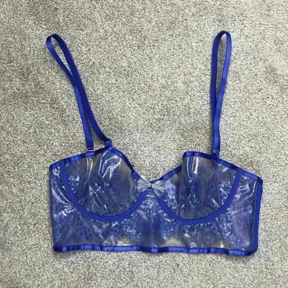 Savage X Fenty Bra Small Blue Straps with Plastic Clear Cups Rhianna